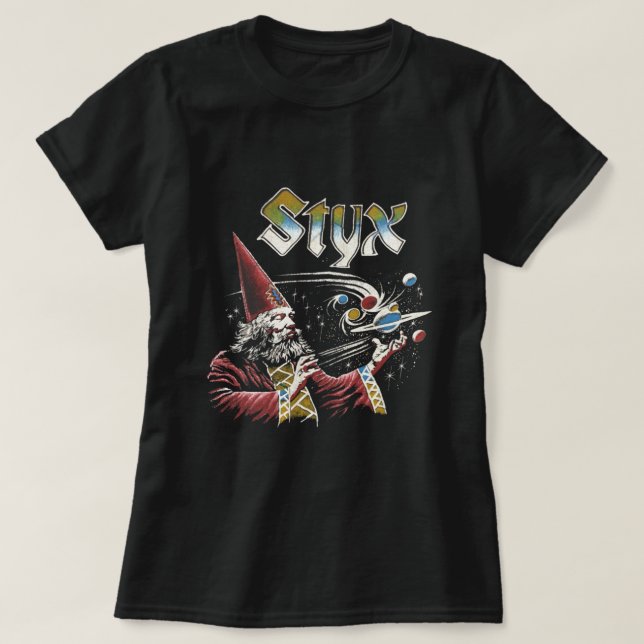 Camiseta Ícones de tributo da Banda STYX Retro 70s (Frente do Design)