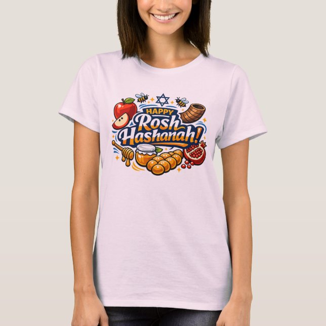 Camiseta 🍯 🍎🐟 Ícones Felizes de Rosh Hashaná (Frente)