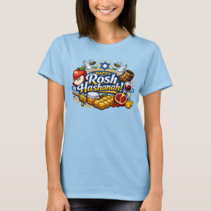 Camiseta 🍯 🍎🐟 Ícones Felizes de Rosh Hashaná