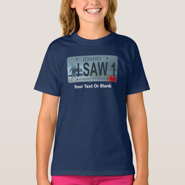 Camiseta Idaho "I Saw 1" Sasquatch License Plate (Frente)