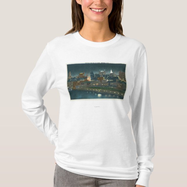 Camiseta Ideia da skyline do búfalo na noite (Frente)