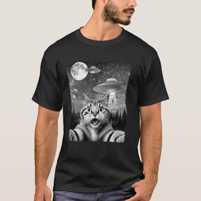 Camiseta Ideia de Presente de Gato Alien Engraçado com Self (Frente)
