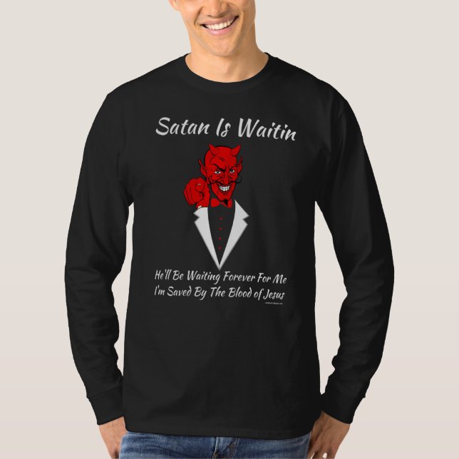 Camiseta Igreja Religiosa Cristã Satã Deus Satã Espera (Frente)