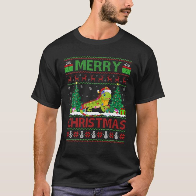 Camiseta Iguana Lover Xmas Lighting Papais noeis Ugly Iguan (Frente)