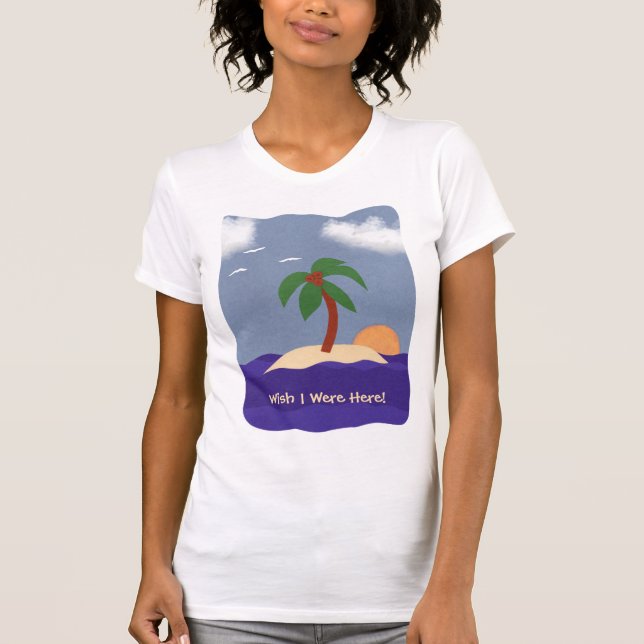 Camiseta Ilha com Palm Tree, Sunset e Seagulhas (Frente)