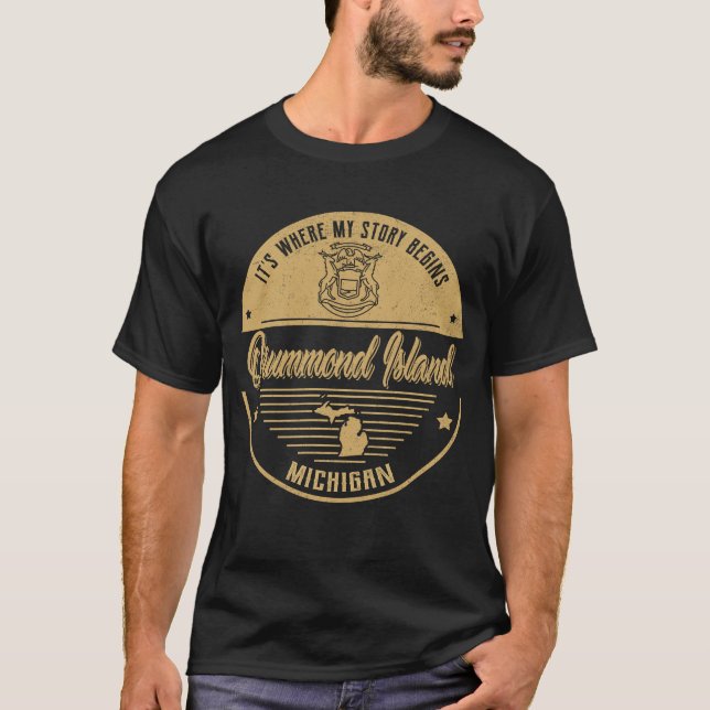 Camiseta Ilha Drummond Michigan É onde minha história começ (Frente)
