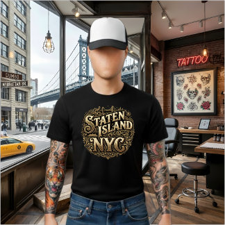 Camiseta Ilha Staten NYC Ponte Ferry Ornada em Ouro Arte