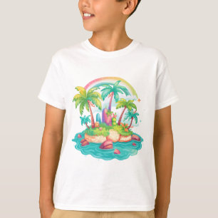 Camiseta Ilha Tropical com Palmeiras e Arco-Íris