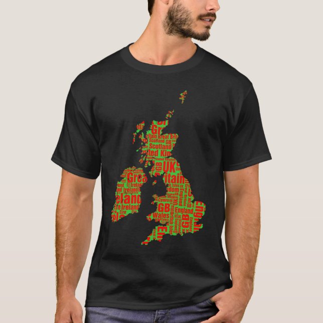 Camiseta Ilhas Britânicas Tipográficas - Verde e Vermelho (Frente)