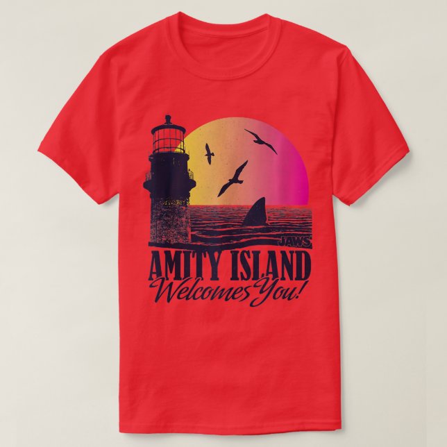 Camiseta Ilhas Jaws Amity Saúda O Farol Sunset P (Frente do Design)