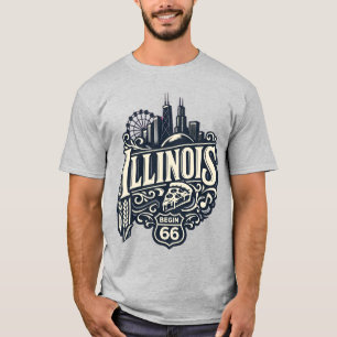 Camiseta Ilinois Antigo, Horizonte de Chicago e Rota 66