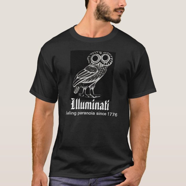 Camiseta Illuminati, branco no preto (Frente)