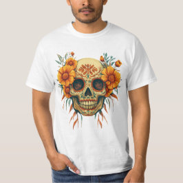 Camiseta Illustration d'un Crâne de Fête des Morts avec Fle