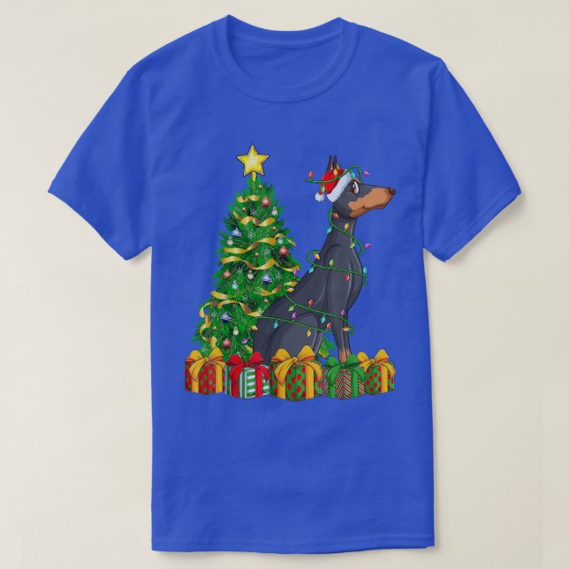 Camiseta Iluminação Árvore Xmas Correspondente Doberman Pin (Frente do Design)