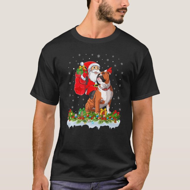 Camiseta Iluminação Xmas Santa Claus Andando Inglês Buldogu (Frente)