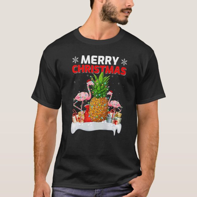 Camiseta Iluminação Xmas Santa Hat Flamingo Pineapple Feliz (Frente)
