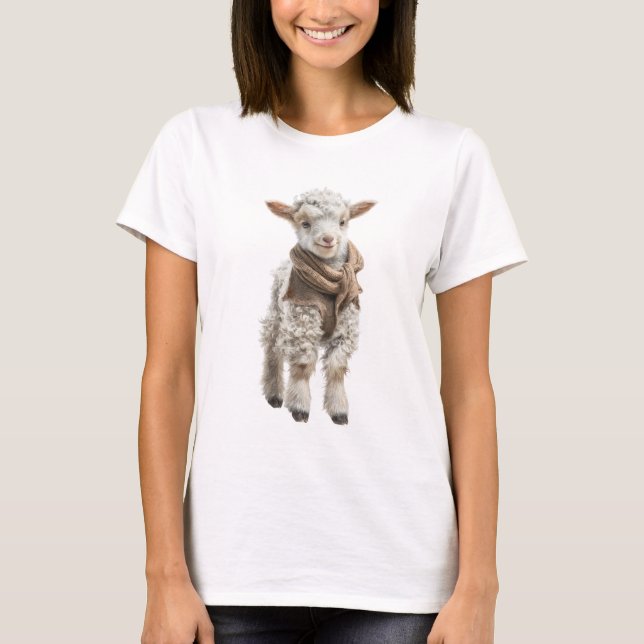 Camiseta Ilustração Adorável de Cordeiro Bebê com Cachecol (Frente)