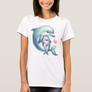 Camiseta Ilustração Adorável de Mãe de Golfinho e Coração d