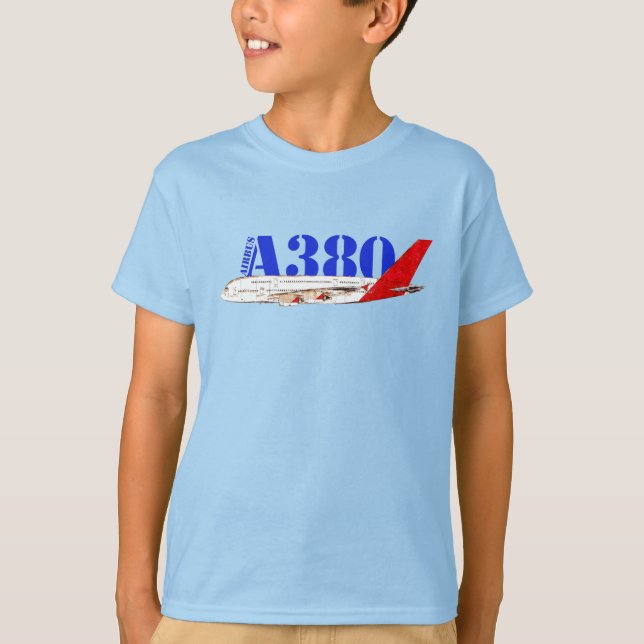 Camiseta Ilustração Airbus A380 com Design de Cauda Vermelh (Frente)