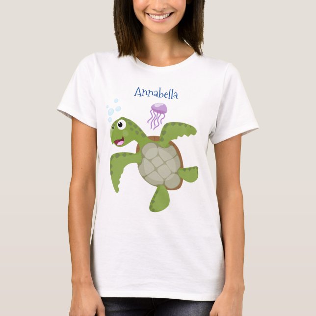 Camiseta Ilustração animada feliz da tartaruga verde-branca (Frente)