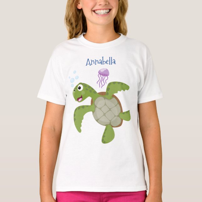 Camiseta Ilustração animada feliz da tartaruga verde-branca (Frente)