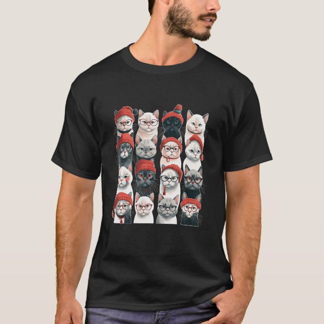Camiseta Ilustração Animal Santa Hat de Natal de Gato Bonit (Frente)
