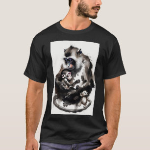 Camiseta Ilustração Artística de Mãe e Bebê Macaco em Tinta