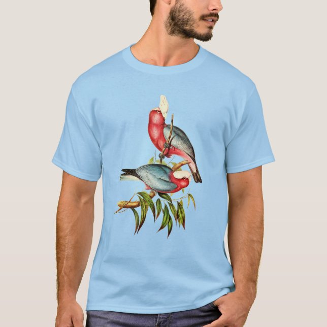 Camiseta Ilustração australiana de aves rosa e Cinza Galah (Frente)