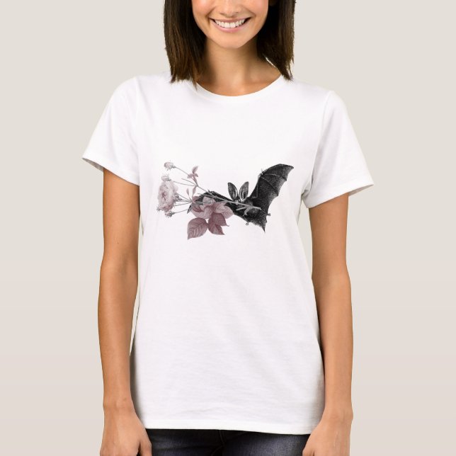 Camiseta Ilustração Bat vitoriana com rosa de arte (Frente)