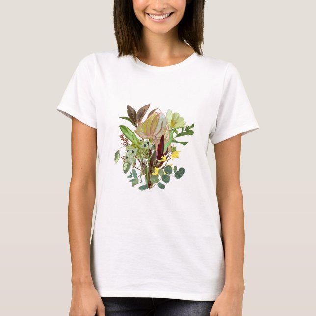 Camiseta Ilustração botânica, belas flores tropicais (Frente)