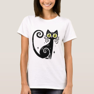 Camiseta Ilustração Caprichosa de Gato Preto