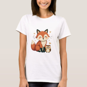 Camiseta Ilustração Caprichosa de Raposa e Coruja da Flores