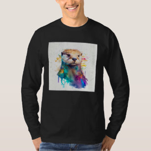 Camiseta Ilustração Colorida de Lontra Fofa com Manchas de