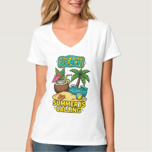 Camiseta Ilustração colorida de praia tropical apresentando