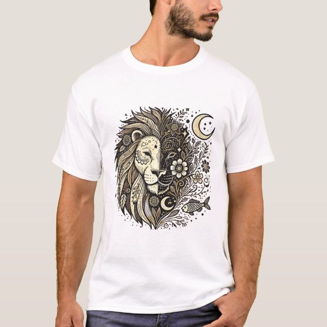 Camiseta Ilustração da cabeça do leão intricado com Floral  (Frente)