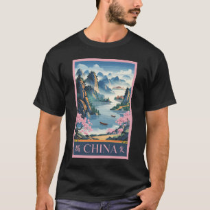 Camiseta Ilustração da China Rosa Arte de Viagem Vintage