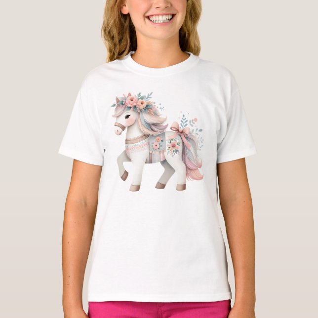 Camiseta Ilustração da Fantasia Floral Pastel Horse (Frente)