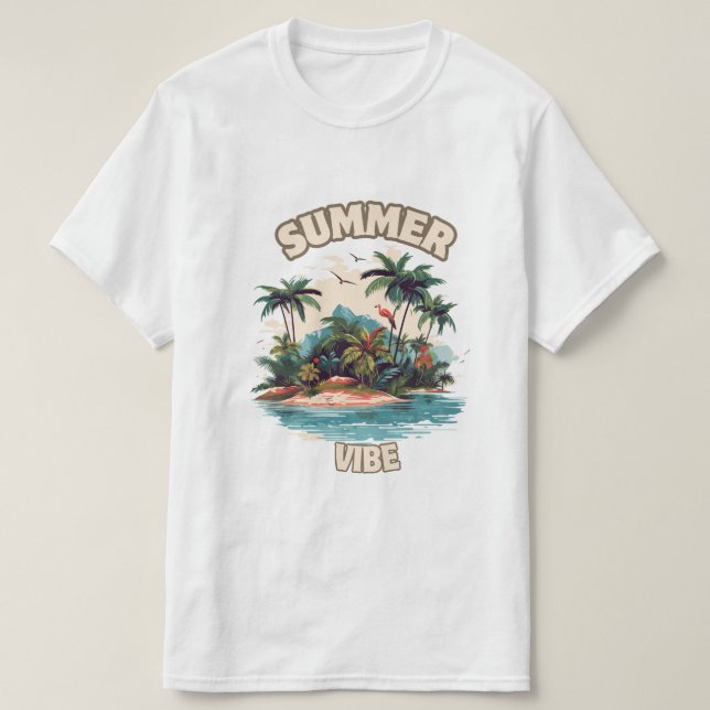 Camiseta Ilustração da Ilha Tropical de Summer Vibe (Frente do Design)