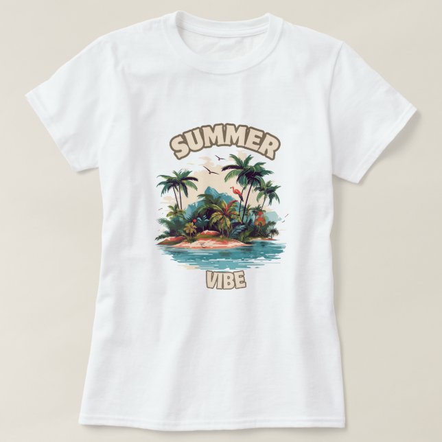 Camiseta Ilustração da Ilha Tropical de Summer Vibe (Frente do Design)