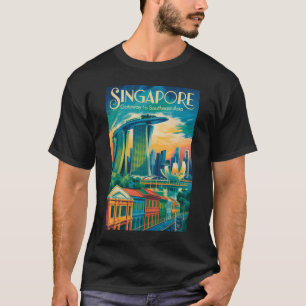 Camiseta Ilustração da Paisagem de Singapura Arte de Viagem