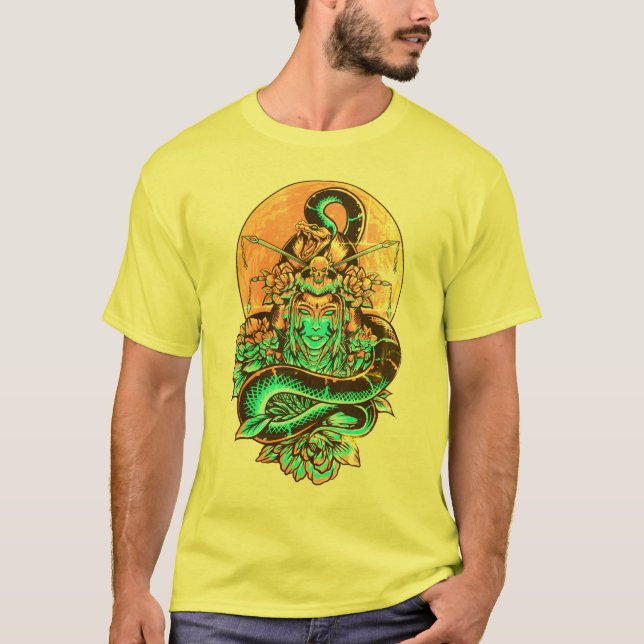 Camiseta Ilustração da Rainha Geisha Laranja e Negra (Frente)