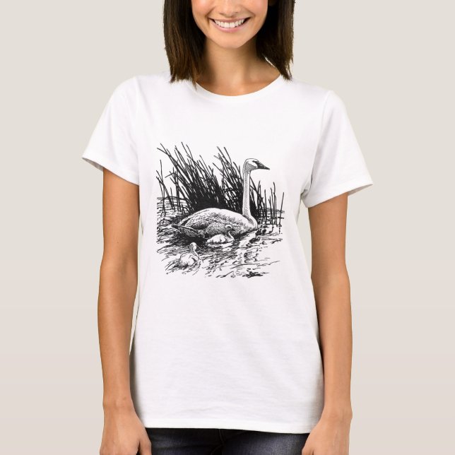 Camiseta Ilustração das cisnes de trompetista (linha arte) (Frente)