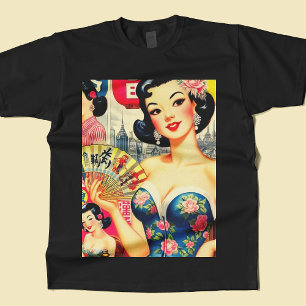 Camiseta Ilustração das Meninas Japonesas Bonitas Vintage