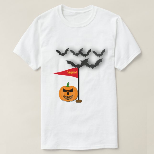 Camiseta Ilustração de Abóbora e Morcegos Sinal de Hallowee (Frente do Design)