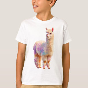 Camiseta Ilustração de Alpaca Fofa Arco-íris Pastel para Cr