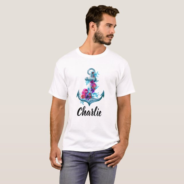 Camiseta Ilustração de Âncora Floral Náutica (Frente Completa)