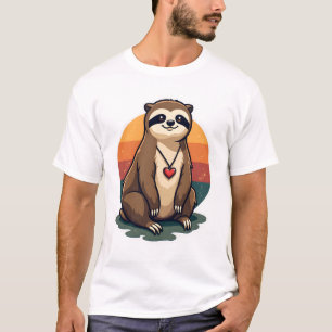 Camiseta Ilustração de Animal Retrô Fofo Coração de Preguiç