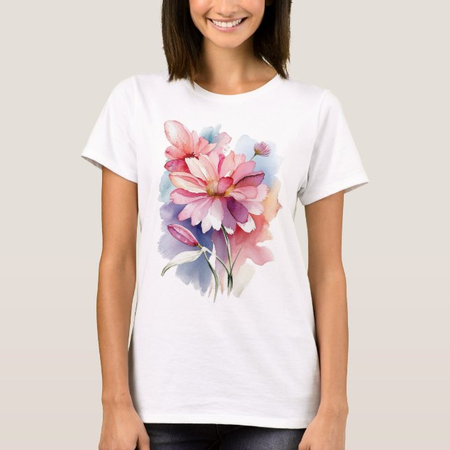 Camiseta Ilustração de Aquarela de Flor Aster (Frente)
