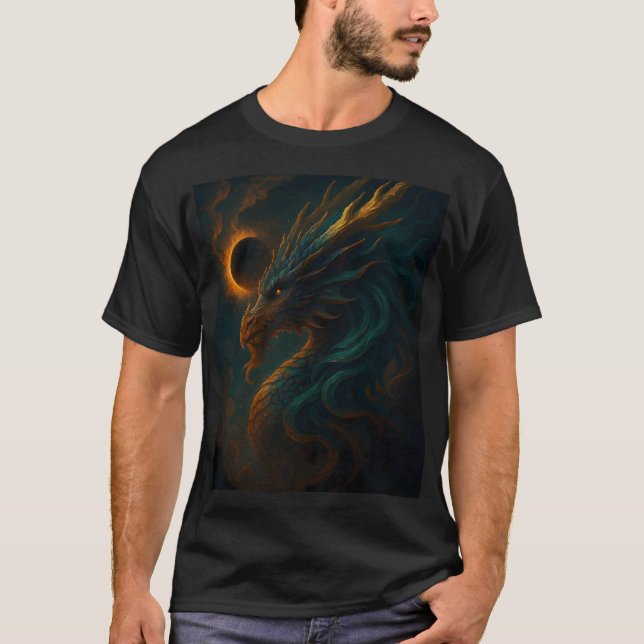 Camiseta Ilustração de Arte de Fantasia do Dragão Eclipse M (Frente)