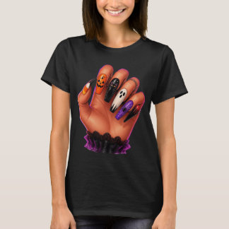 Camiseta Ilustração de Arte de Unhas de Halloween na Mão